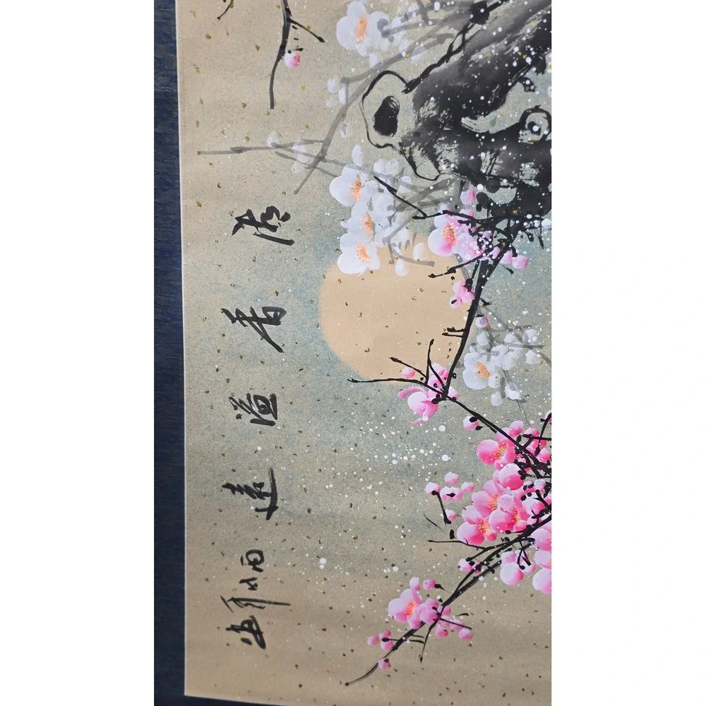 Vintage Chinese Hanging Scroll Painting Pink Plum Blossom Cherry Branch 30x68
